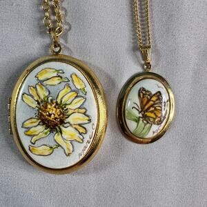 Vintage Mary C Hand Painted Porcelain Floral Locket & Matching Necklace Set